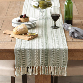 DII Farmhouse Braided Stripe Table Runner macrame fringe edge enhances casual dining aesthetic