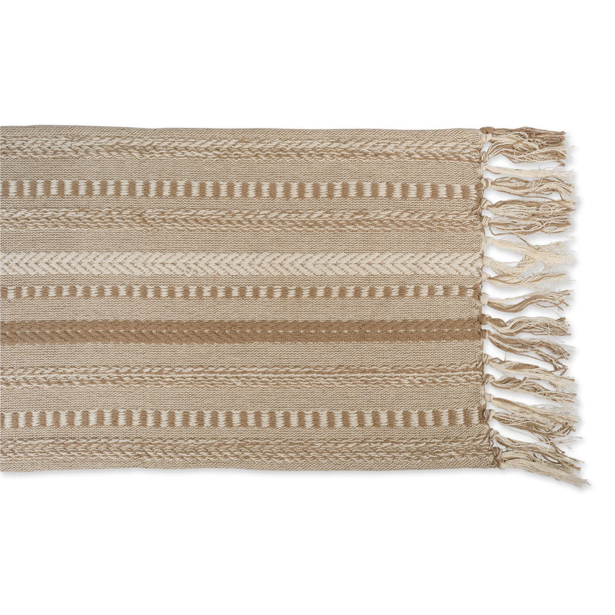 DII Farmhouse Braided Stripe Table Runner fringe detail adds casual elegance to gatherings.