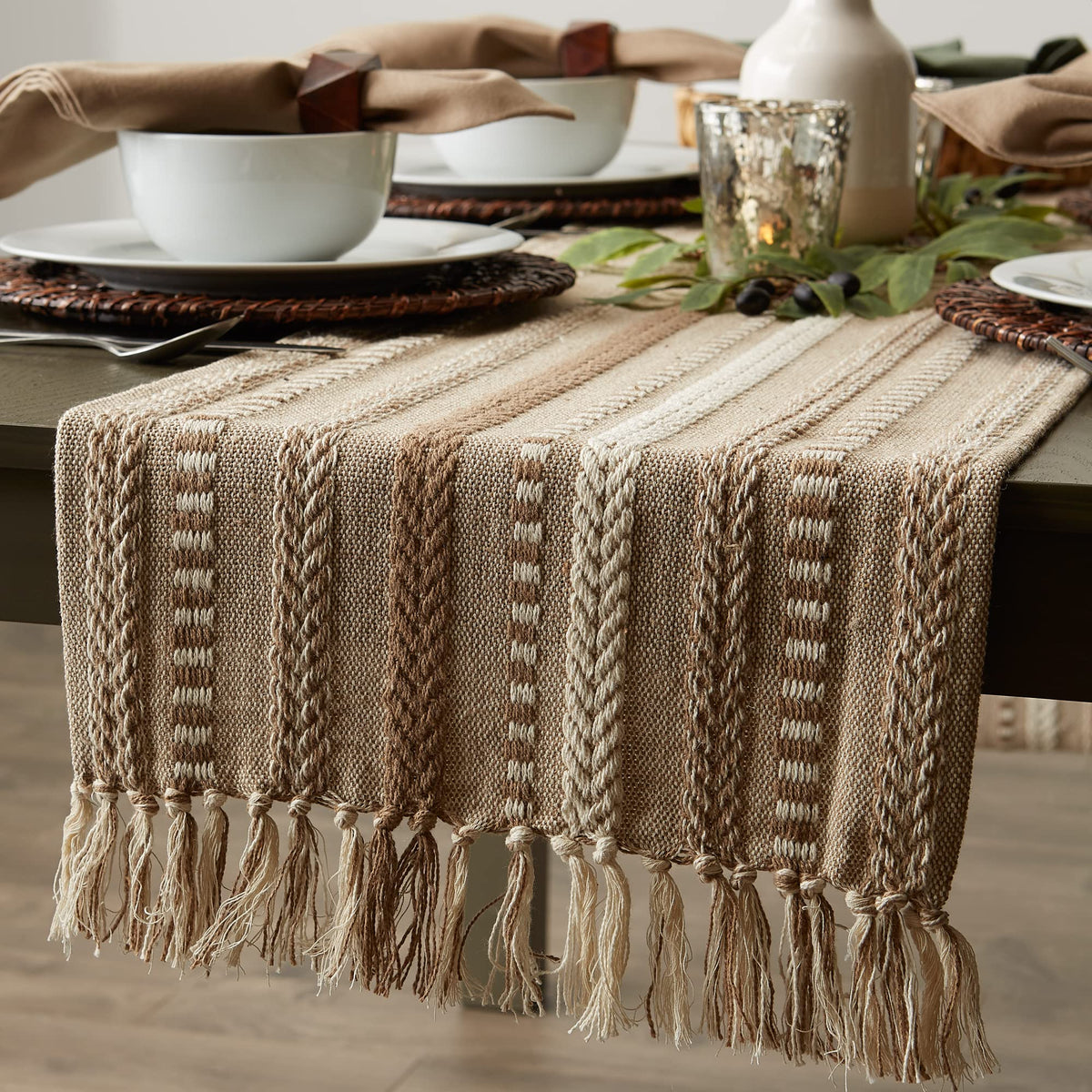 DII Farmhouse Braided Stripe Table Runner raised weave adds texture and depth.