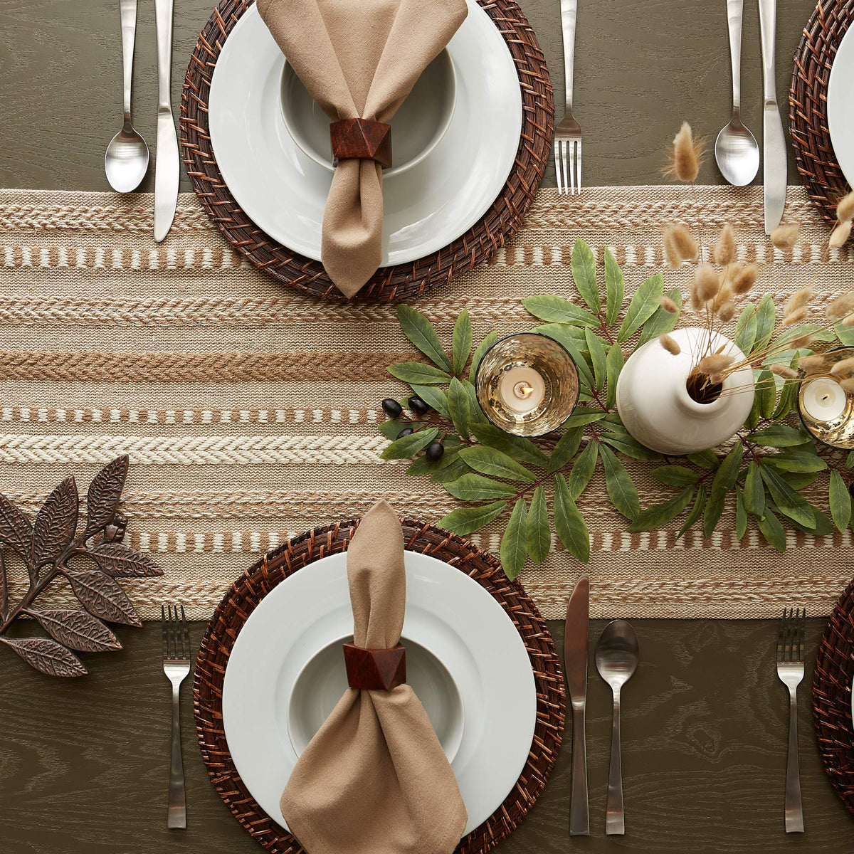 DII Farmhouse Braided Stripe Table Runner stone color complements neutral decor.