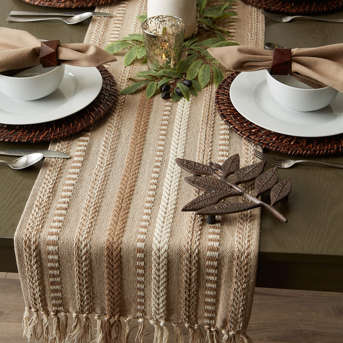 DII Farmhouse Braided Stripe Table Runner protects surfaces during meals.