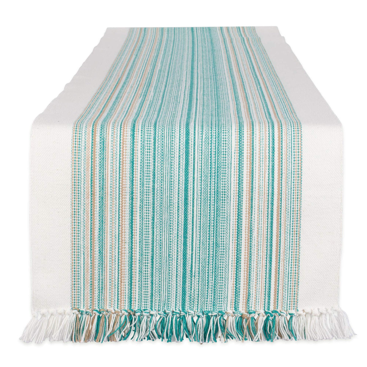 DII fringed stripe teal table runner adds coastal texture to the dining table
