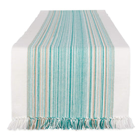 DII fringed stripe teal table runner adds coastal texture to the dining table