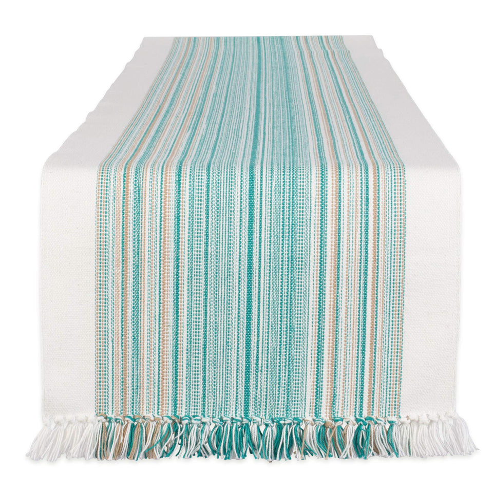 DII fringed stripe teal table runner adds coastal texture to the dining table