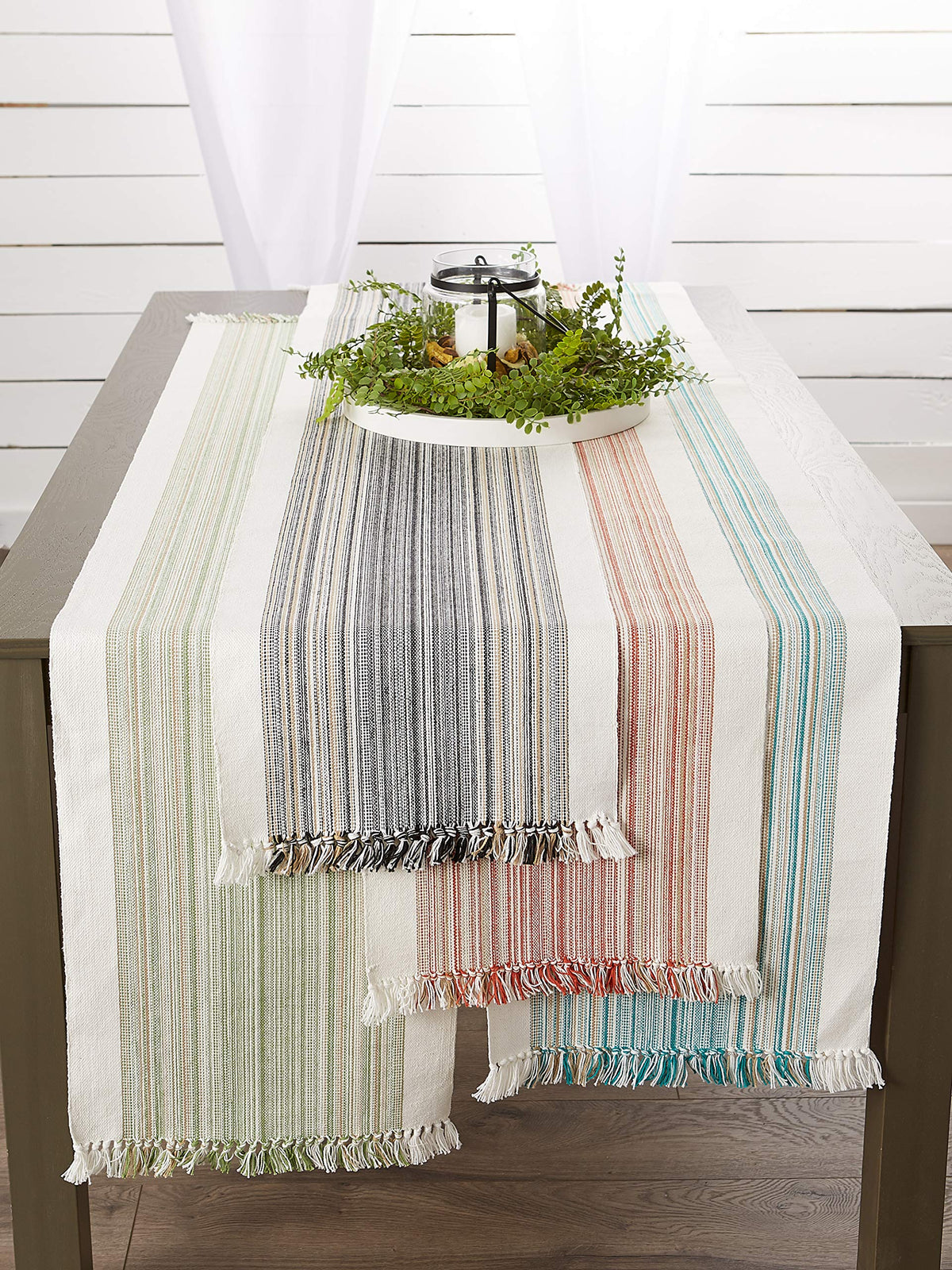 DII teal table runner draped over dining table for family meals