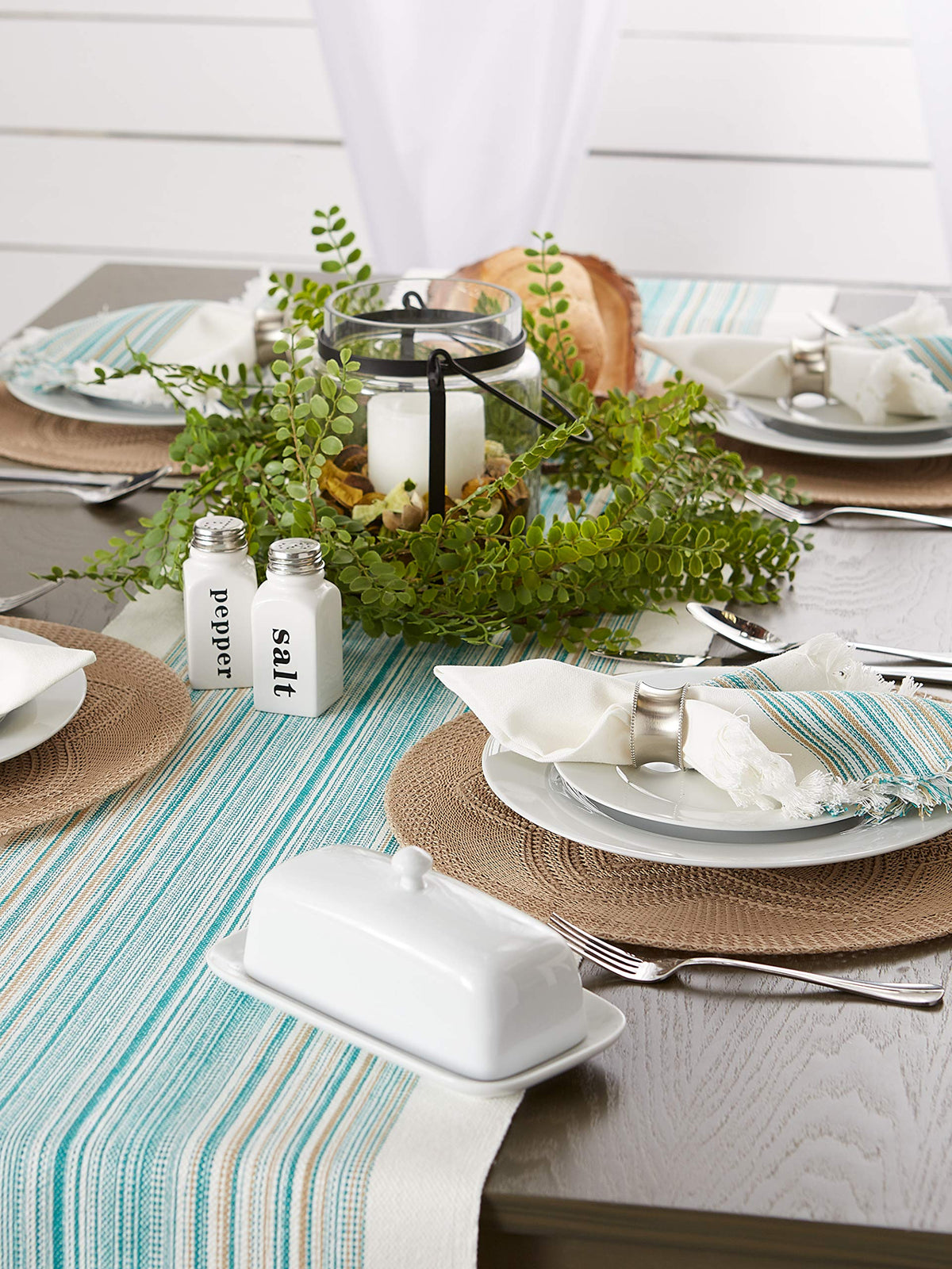 DII table runner teal on breakfast nook table