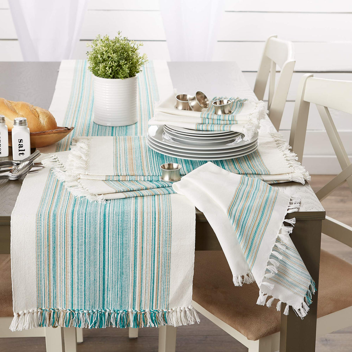 DII fringed stripe teal runner on entryway table