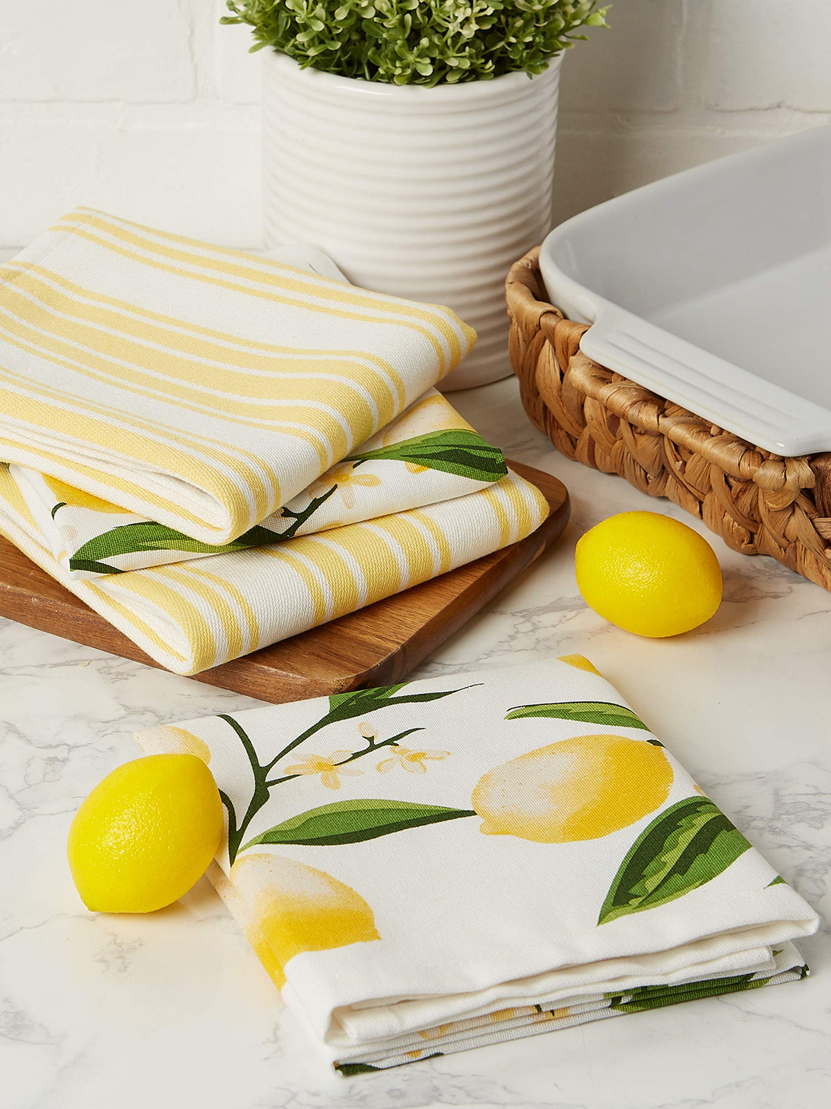 DII Lemon Bliss towels in use for drying glasses streak-free.