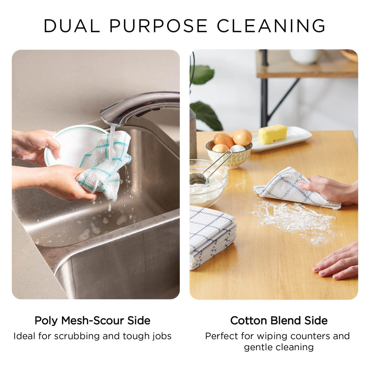DII Windowpane dishcloths in use on a kitchen counter to wipe spills.