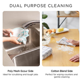 DII Windowpane dishcloths in use on a kitchen counter to wipe spills.