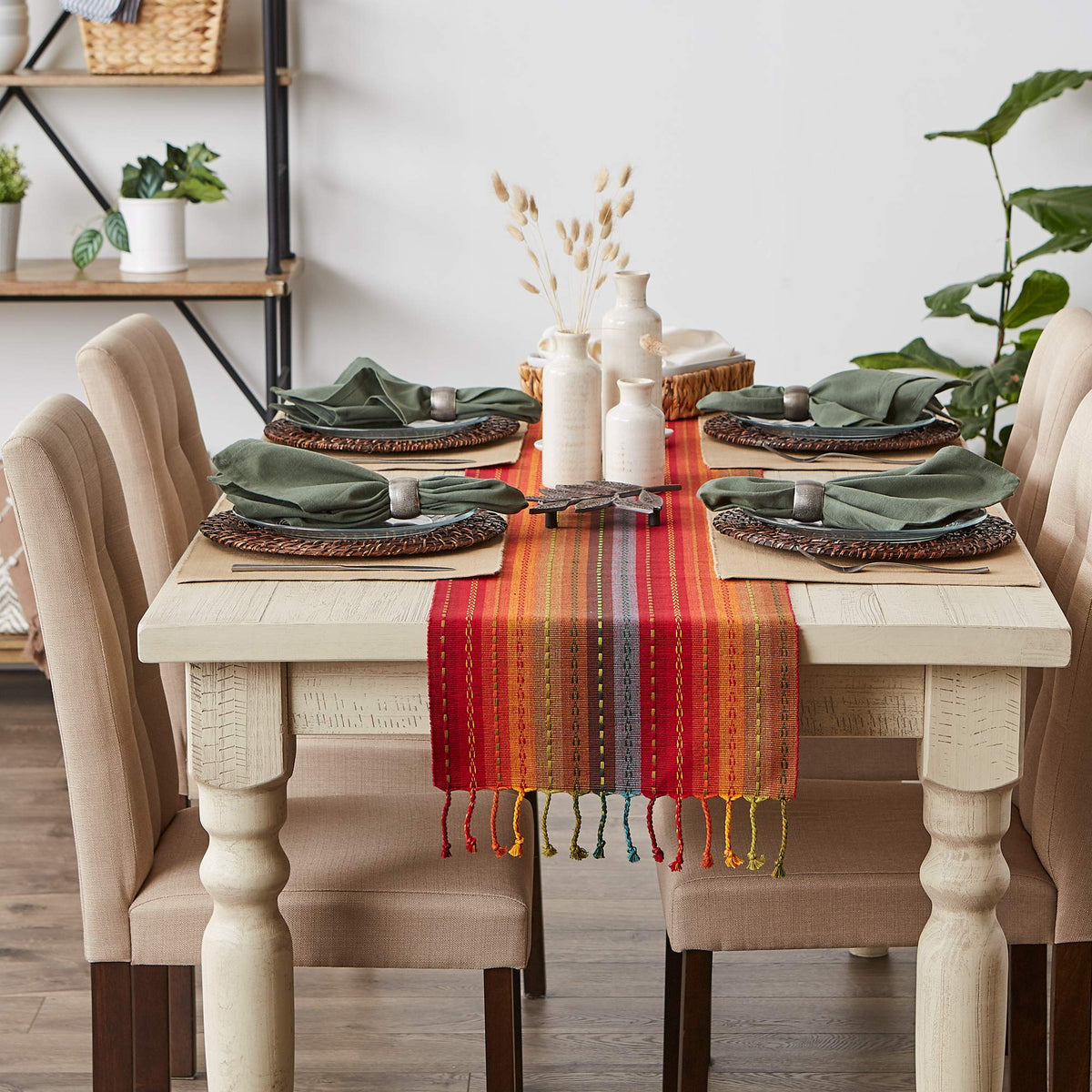 Spice-colored DII runner draped across a console table for a cozy look