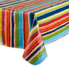 DII Summer Stripe tablecloth spill-resistance close-up shows easy cleanup
