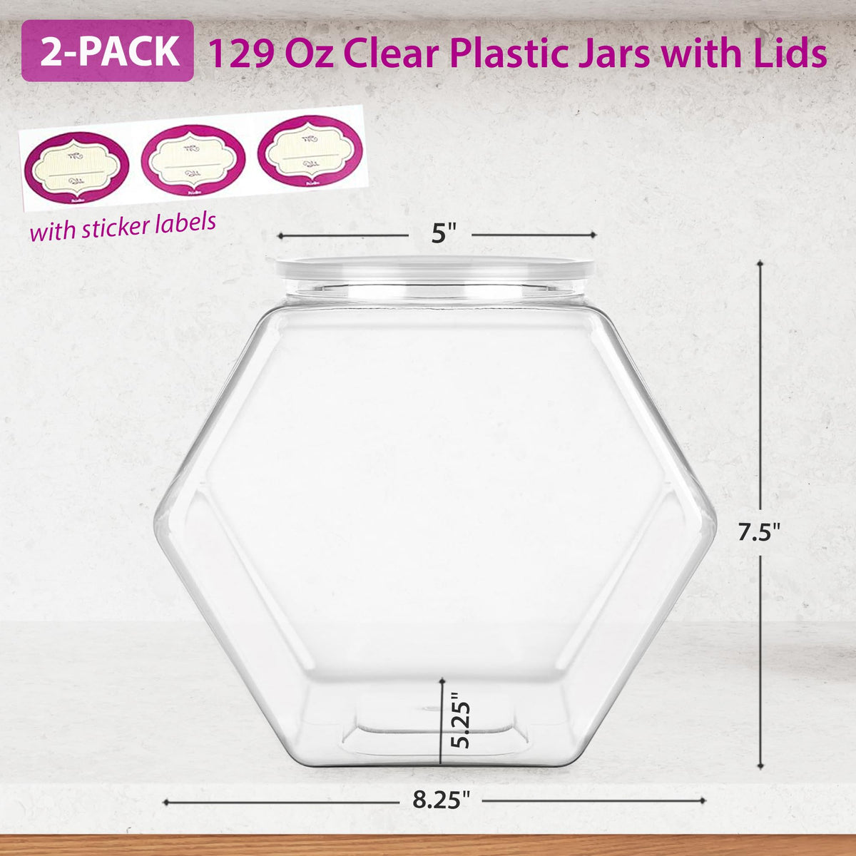 DilaBee clear 1-gallon hexagon jar, transparent design for quick content checks.