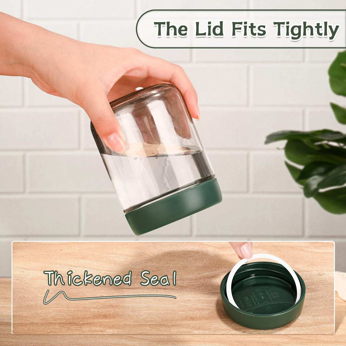 DIMBRAH glass jar with three-color lids for organized meal prep.