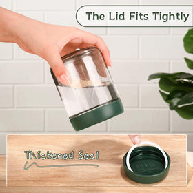 DIMBRAH glass jar with three-color lids for organized meal prep.