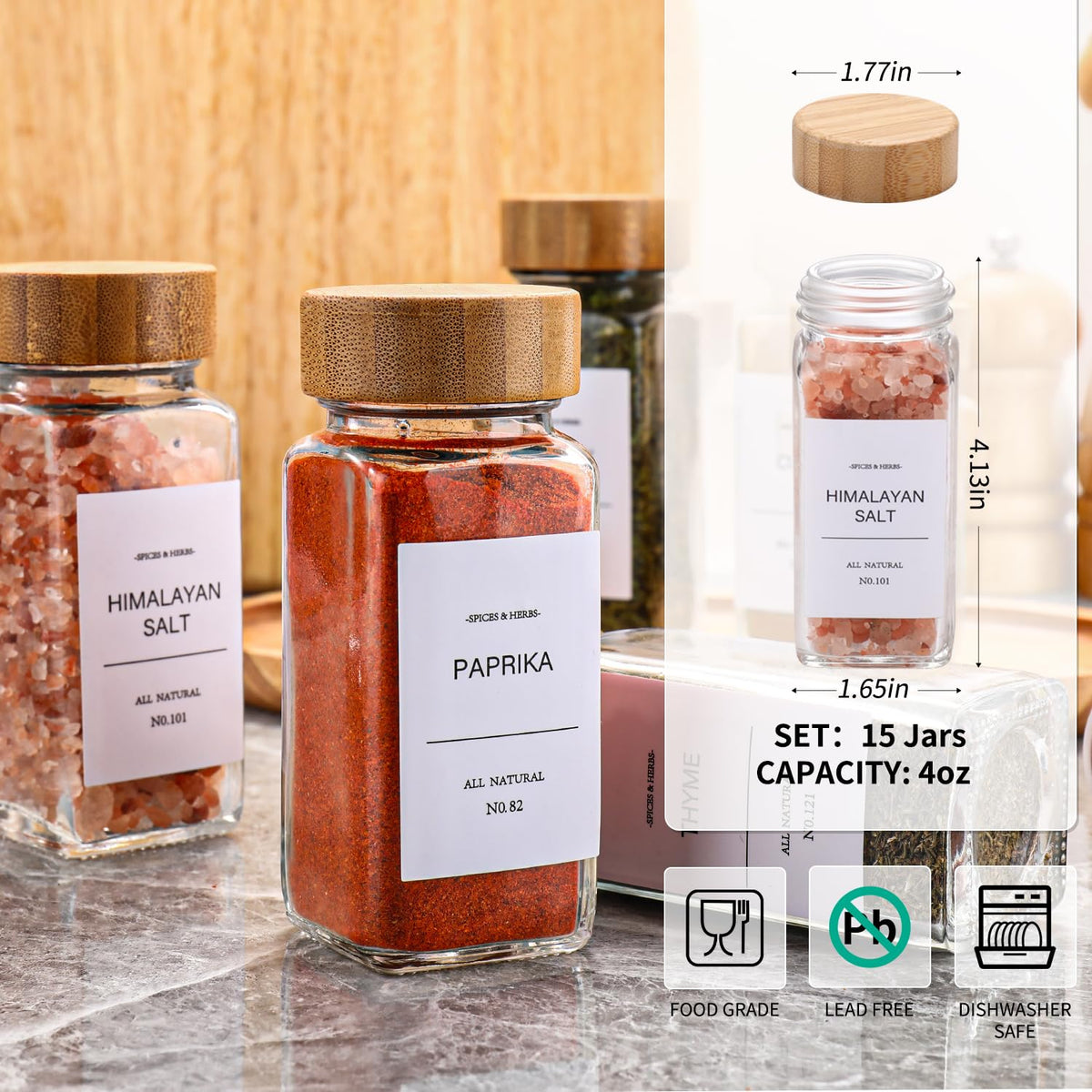 DIMBRAH glass spice jars show contents at a glance for organized cooking.