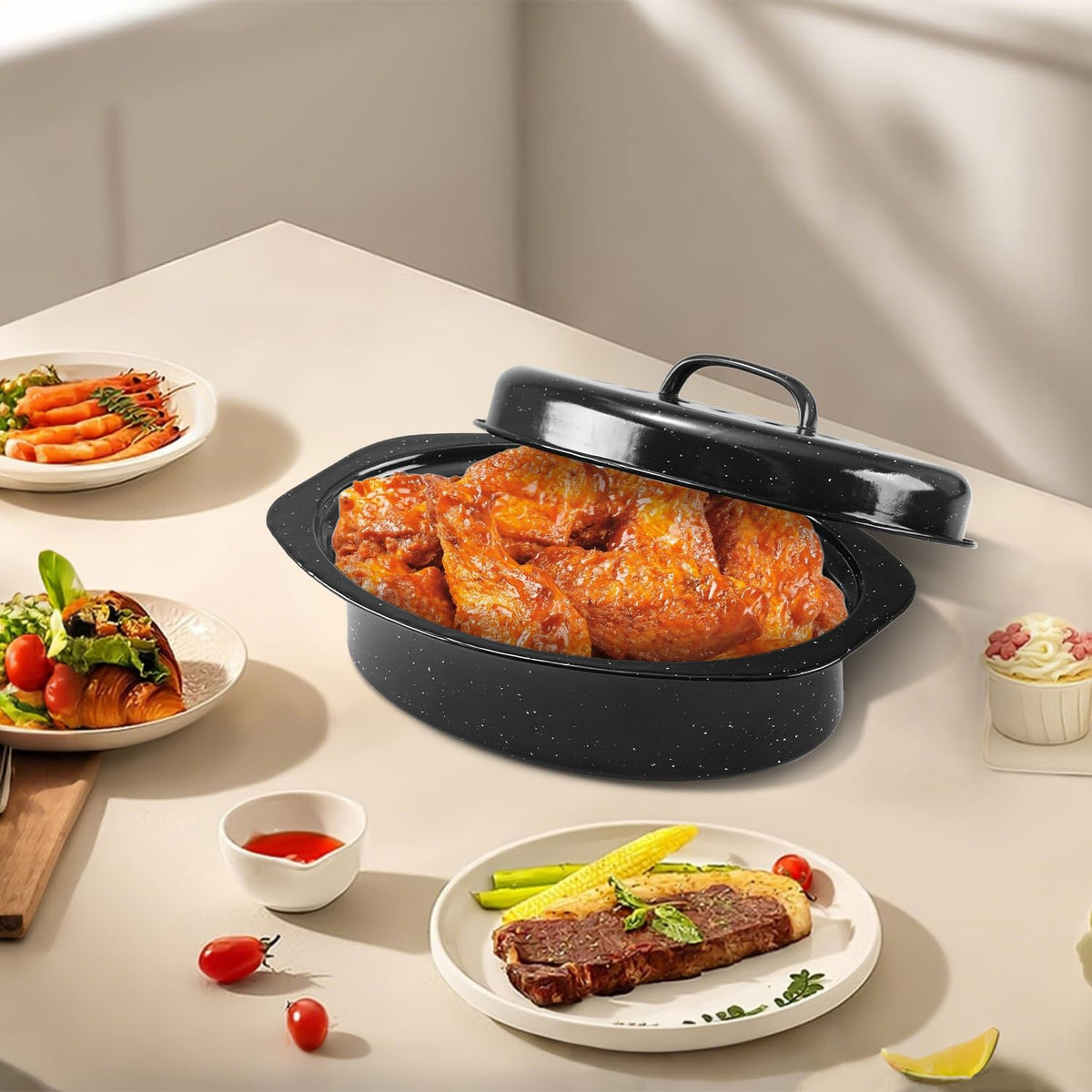 DIMESHY enamel-on-steel surface provides a non-stick finish for simple roasting.