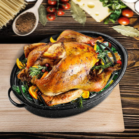 DIMESHY roasting rack enamel finish promotes easy release and simple cleanup.