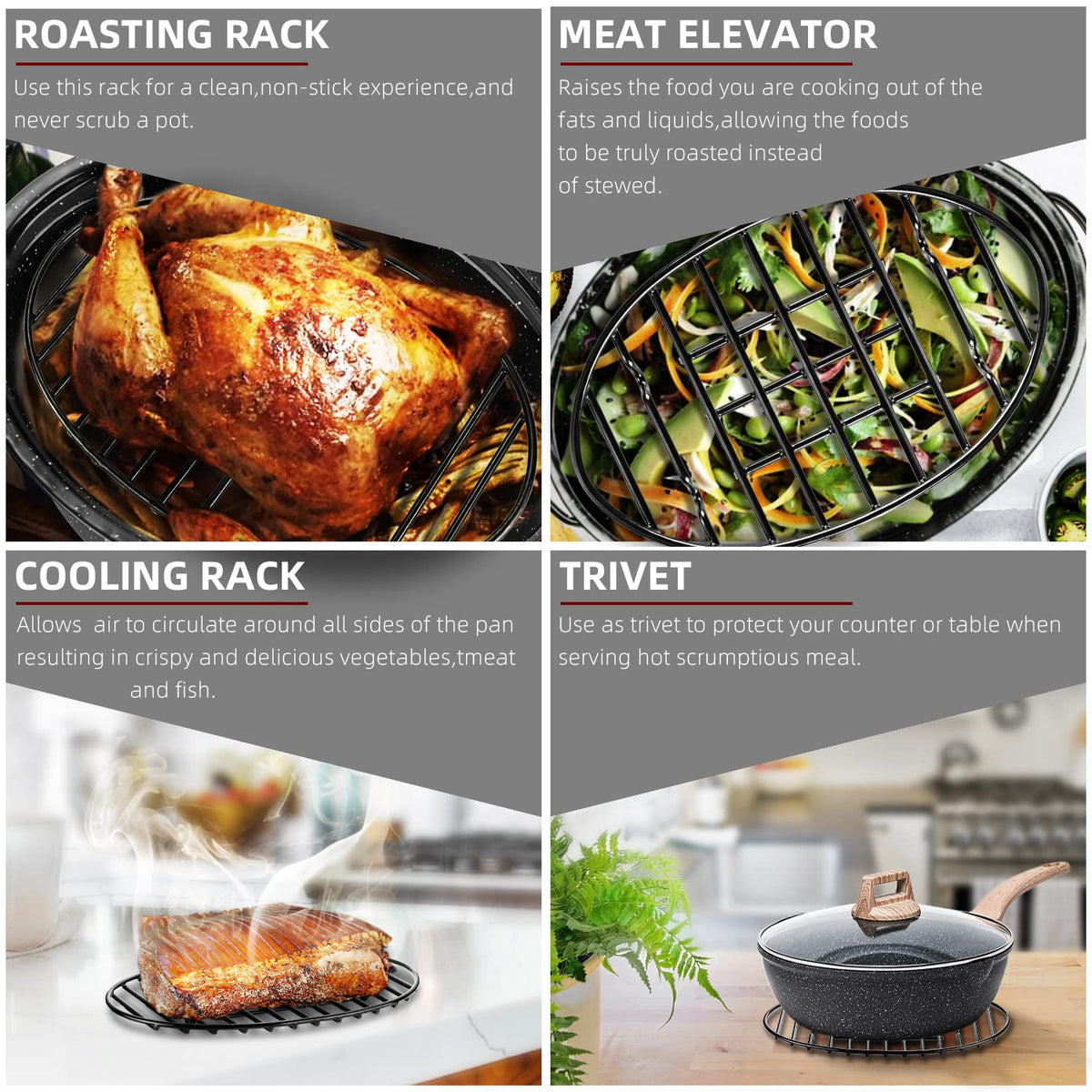 DIMESHY roasting rack fits 13 to 16-inch pans for versatile roasting.