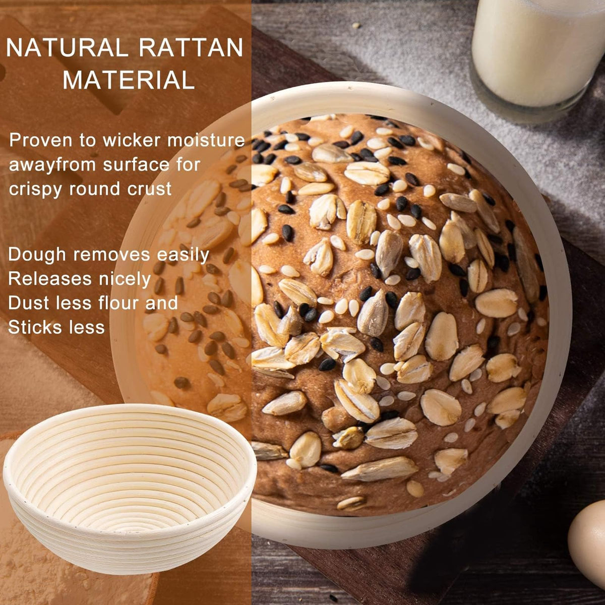 Natural rattan surface of Dimpola baskets promotes airflow during proofing