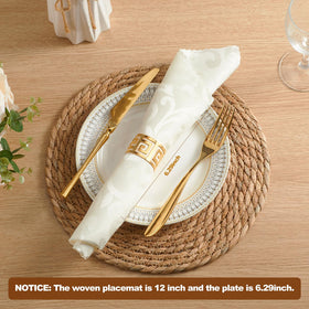 Dimpola natural rattan placemats enhance farmhouse-table textures.