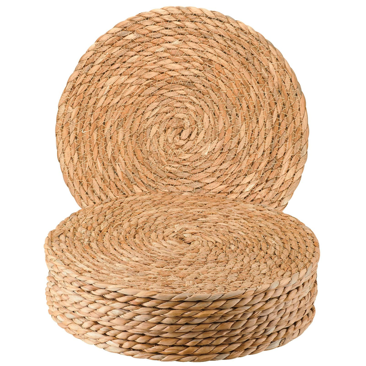 Dimpola round placemats in natural water hyacinth protecting surfaces with earthy texture.