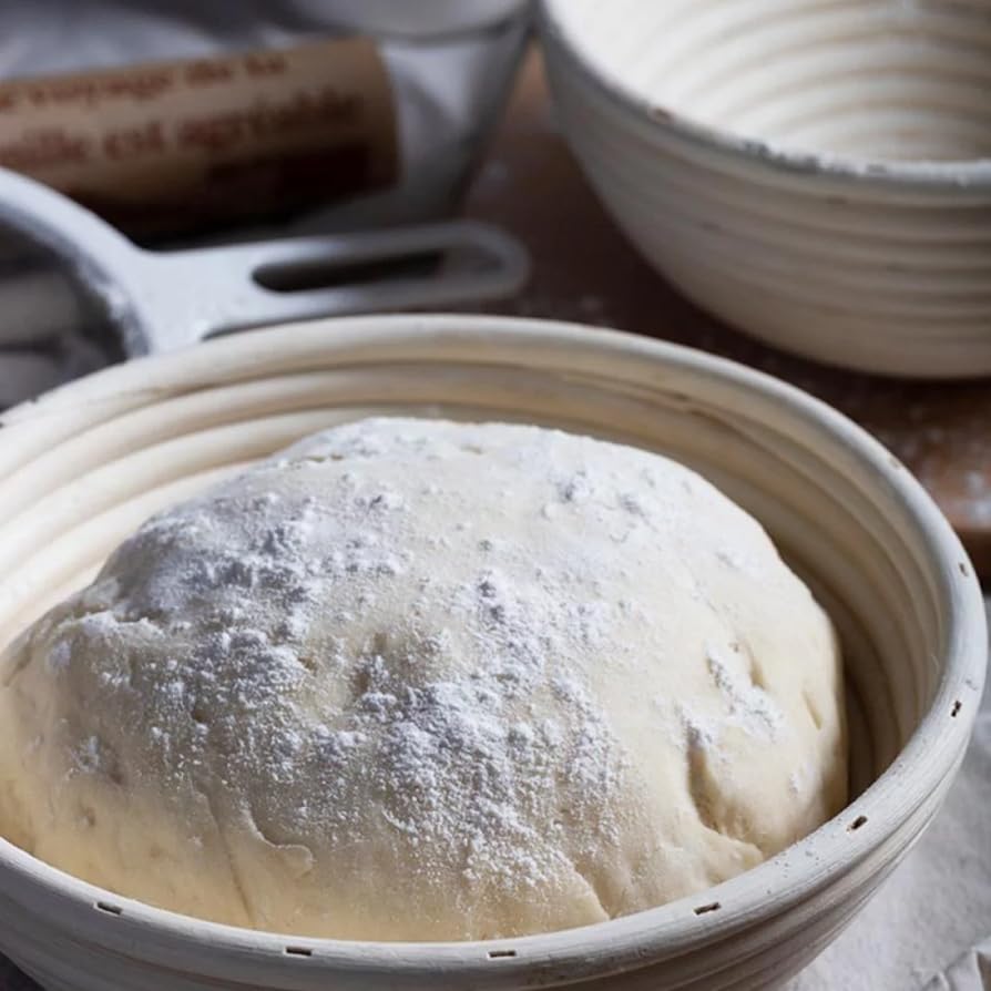 Dimpola round proofing bowls stacked for space-saving storage