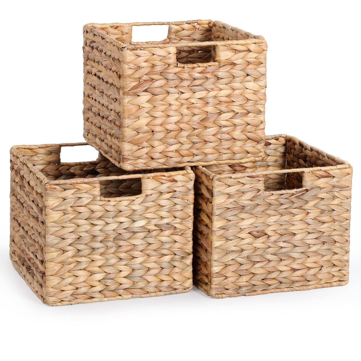 DINGTAI 12x12x10in water hyacinth basket on a shelf for organized pantry storage