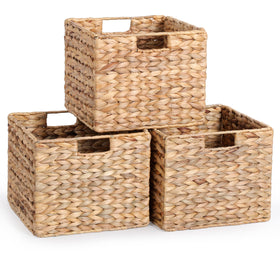 DINGTAI 12x12x10in water hyacinth basket on a shelf for organized pantry storage