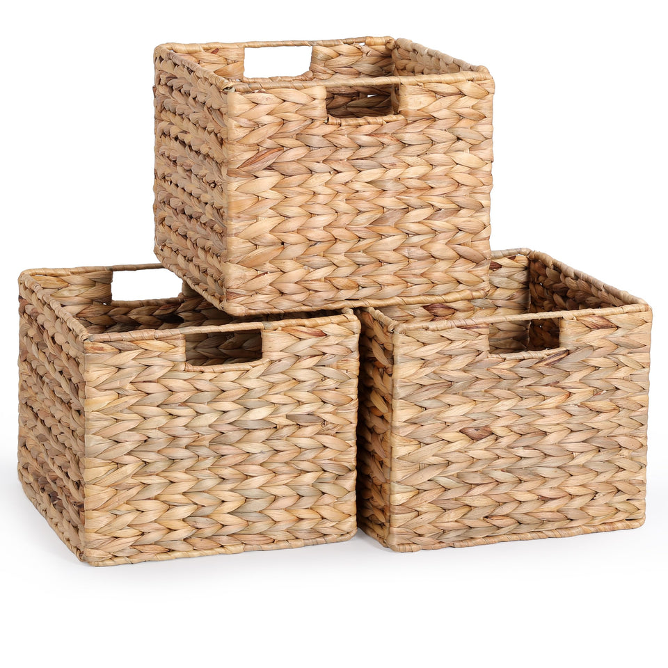 DINGTAI 12x12x10in water hyacinth basket on a shelf for organized pantry storage