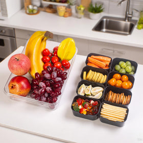 Dingerjar eight-compartment tray offers quick access to fruits, nuts, and candies