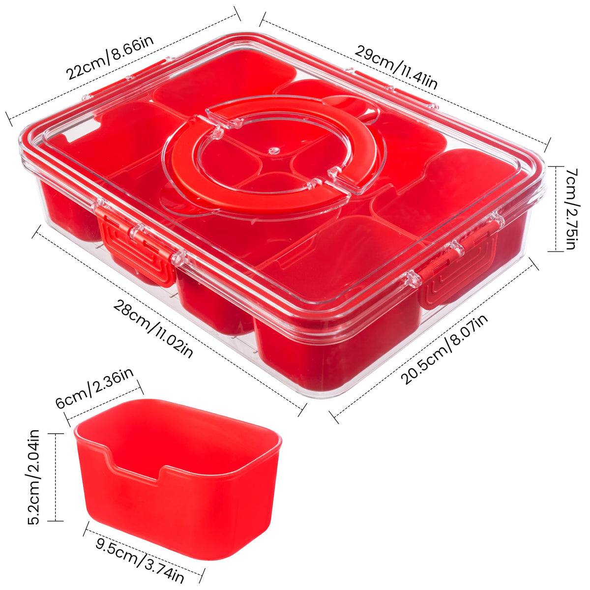 Eight removable compartments shown in a clear Dingerjar tray.