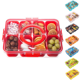 Dingerjar divided serving tray with lid and handle in red, ready for portable snacks.
