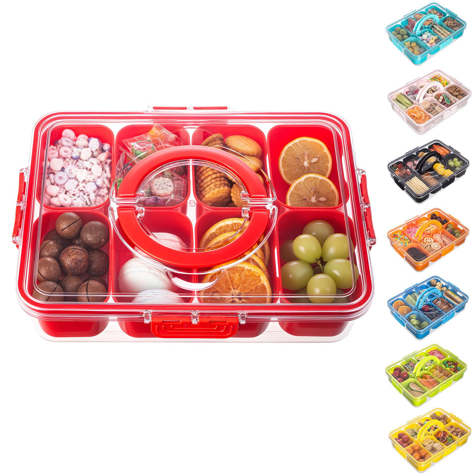 Dingerjar divided serving tray with lid and handle in red, ready for portable snacks.
