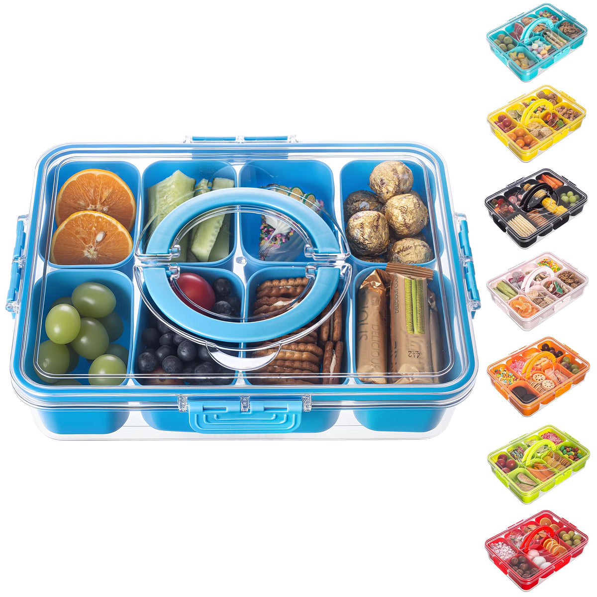 Dingerjar divided serving tray with lid and handle for portable party snacks.