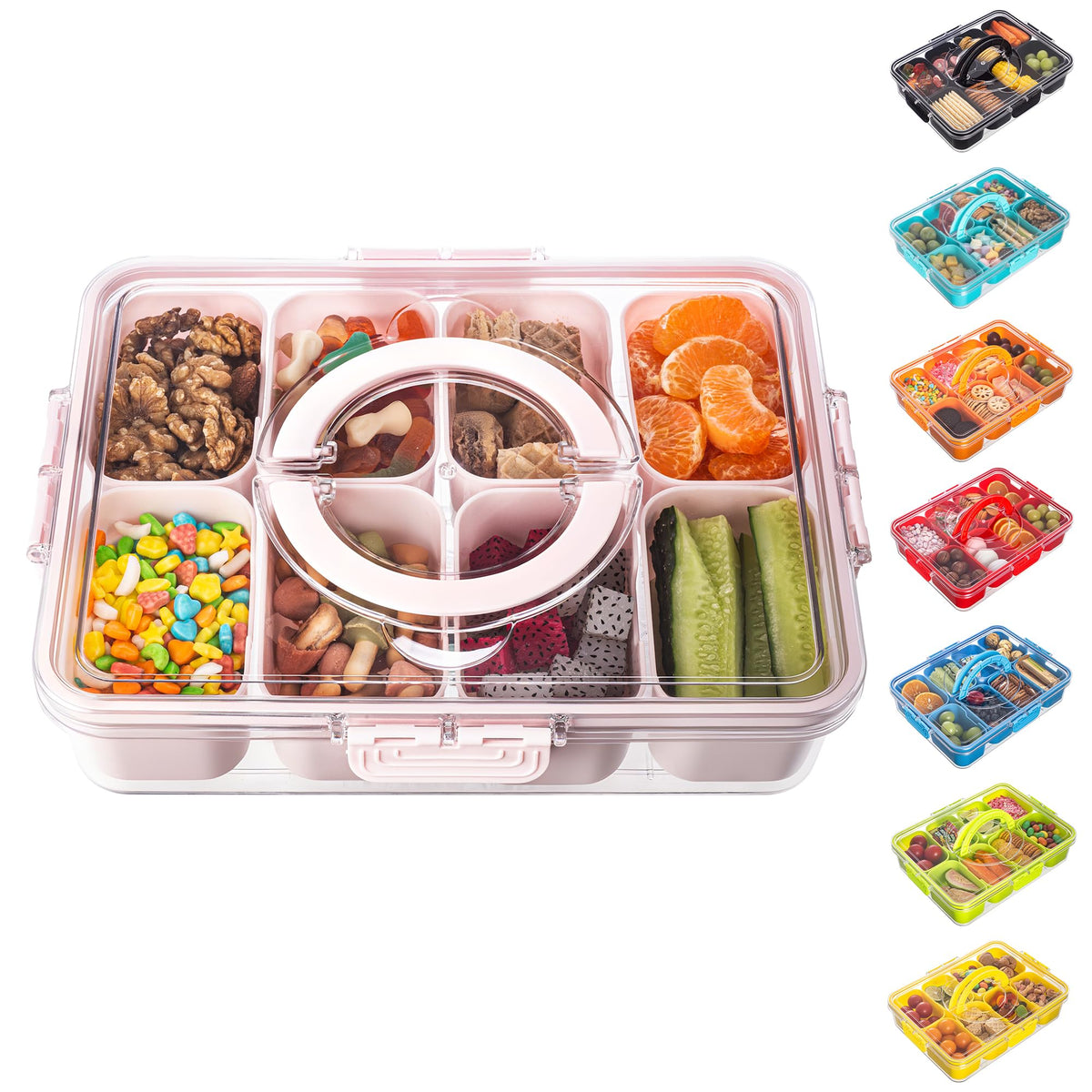 Dingerjar divided serving tray in pink with lid and handle for organized snacks on the go.