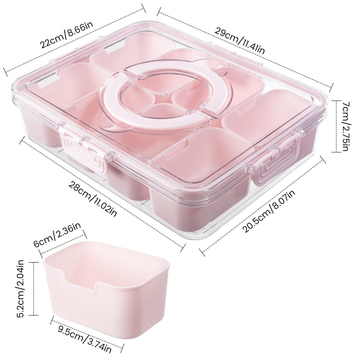 Dingerjar eight removable compartments keep fruits, nuts, candies neatly separated and visible.