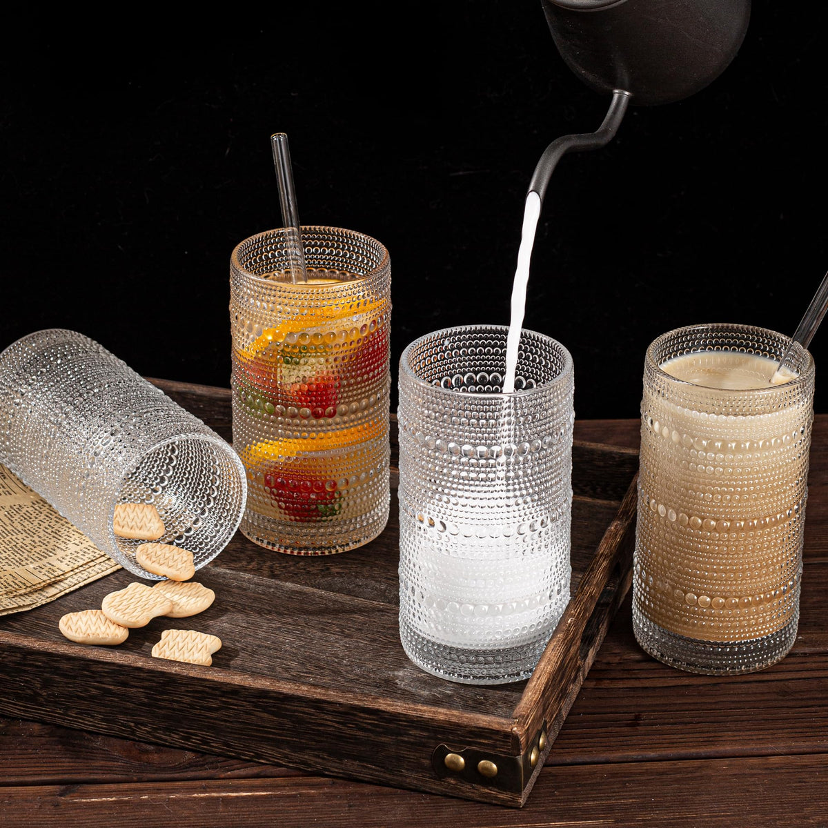 Dingerjar vintage-inspired glasses in a bright, clear kitchen setup