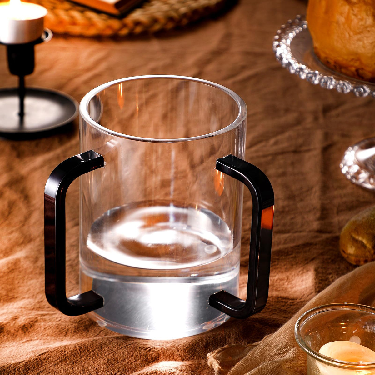 Dingion Judaica cup with black handles adds elegant contrast
