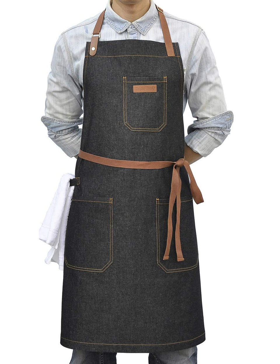 DingSay Trendy denim chef apron front view highlights durable 10 oz denim for kitchen use.