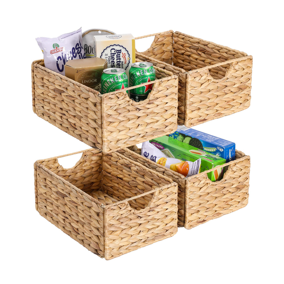 DINGTAI Water Hyacinth pantry baskets on a shelf for neat storage.