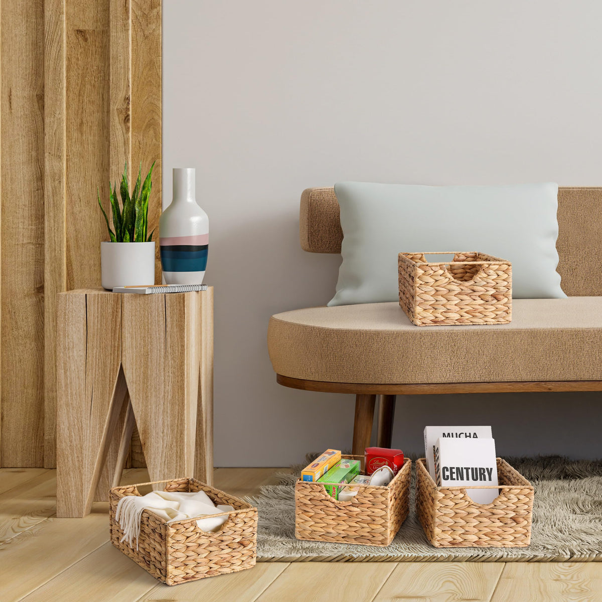DINGTAI pantry baskets with built-in handles for easy shelf access.