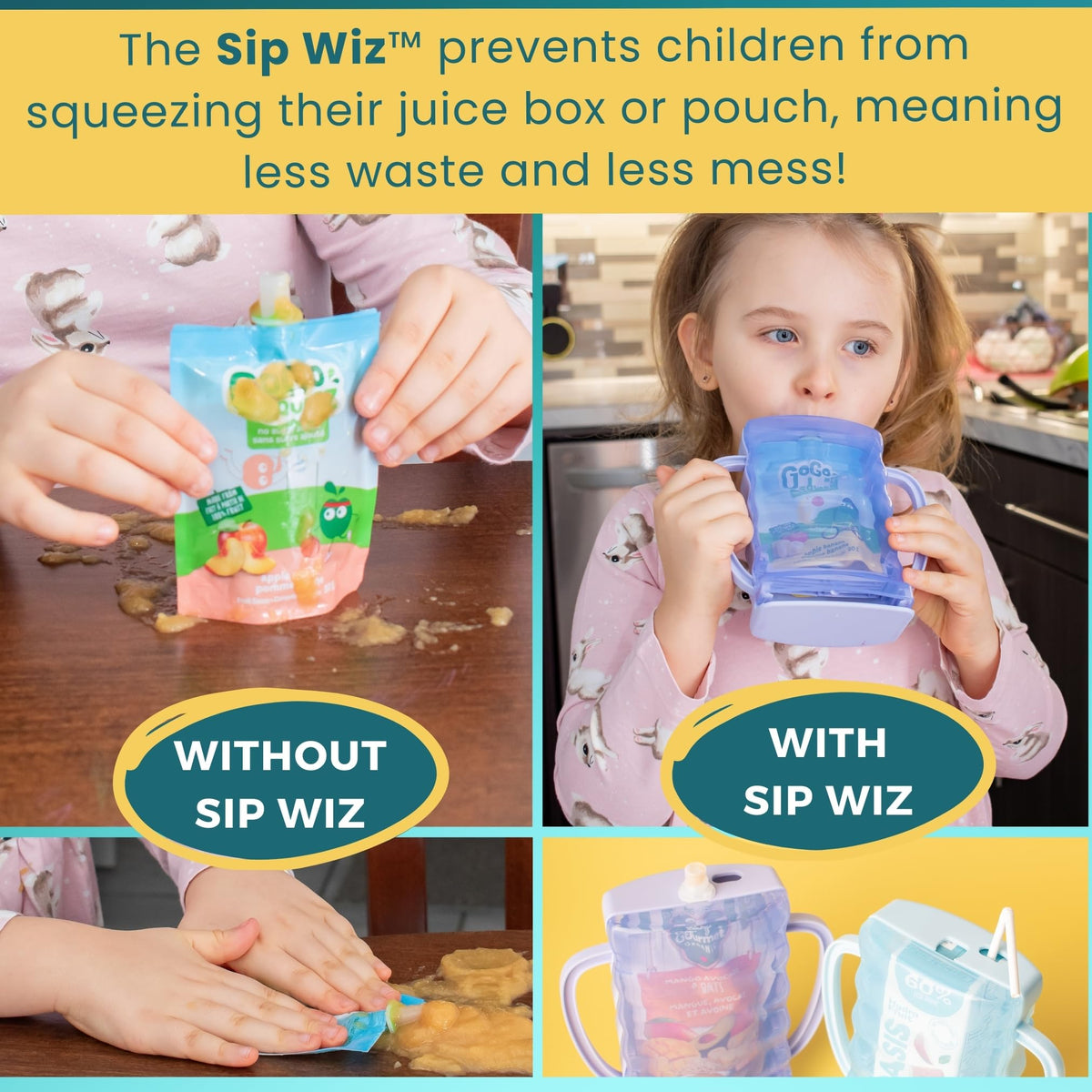 Dinneractive Sip Wiz pouch-spout access enables easy toddler sipping on the go.
