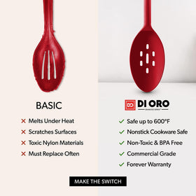Dishwasher-safe red silicone spoon set by DI ORO Living for quick cleanup.