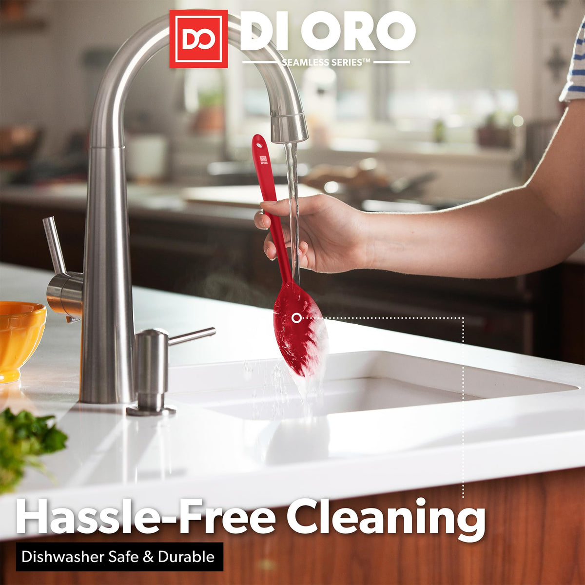 Heat-resistant DI ORO Living silicone spoon up to 600°F for high-heat cooking.