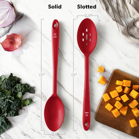 Non-stick safe red silicone spoons from DI ORO Living protect cookware.