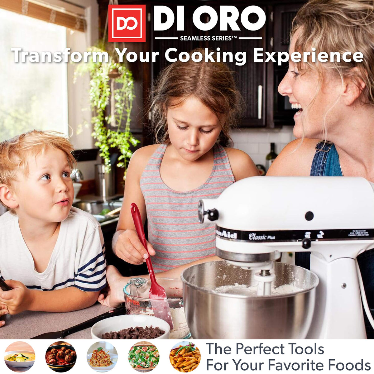 Seamless one-piece red silicone spoon by DI ORO Living for easy cleaning.