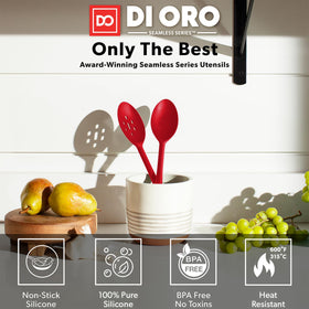 DI ORO Living silicone slotted red spoon drains liquids without scratching pans.