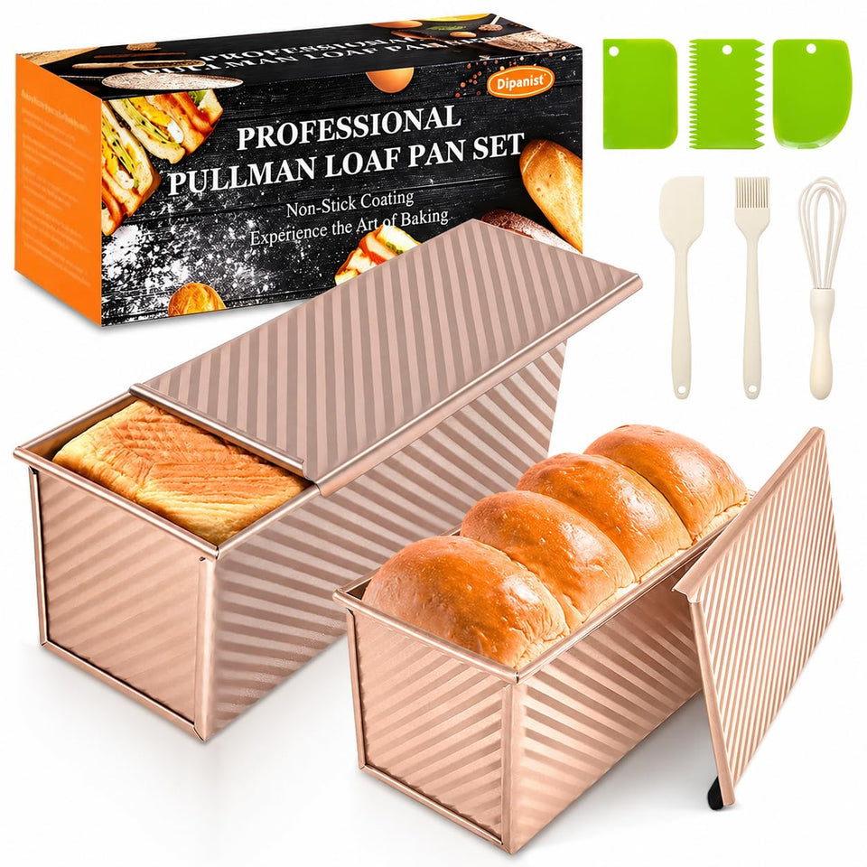 Dipanist loaf pan with lid front view, 2.2 lb capacity for evenly baked Pullman loaves.