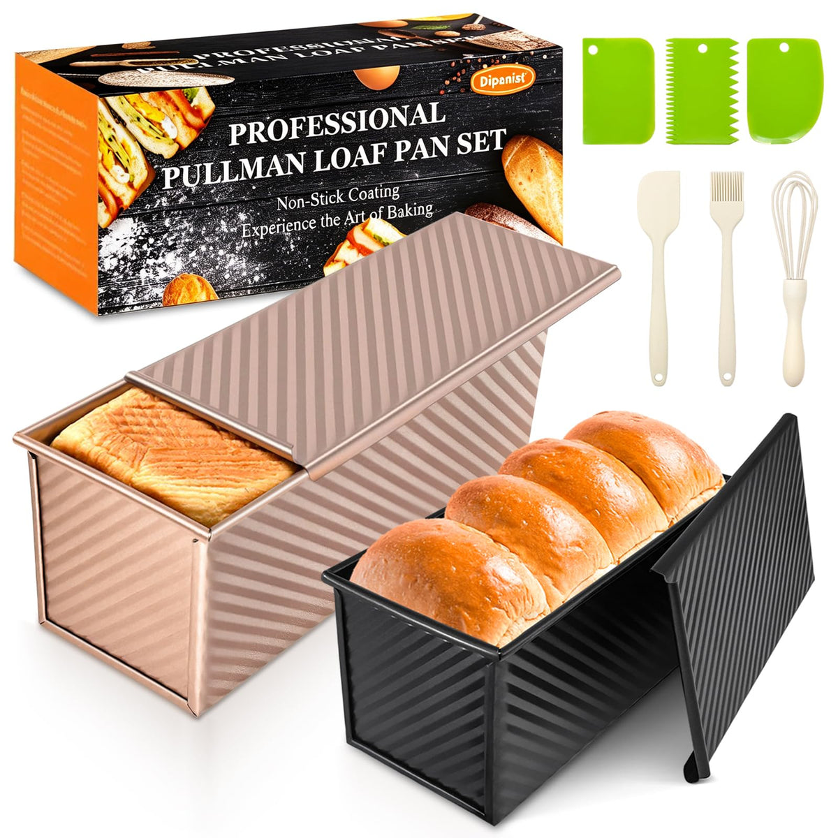 Dipanist pullman loaf pan with lid for even baking and easy release.